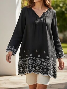 [US12]Long Tall Sally Black Embroidered V-Neck Linen Tunic Shift Dress